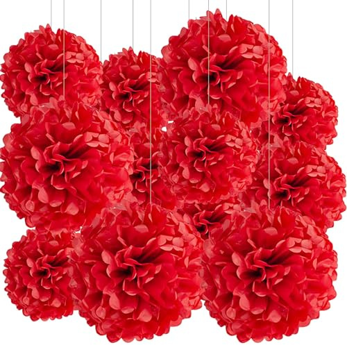 BRZIKWT 12 Pcs Red Tissue Paper Pom Poms for Party Ceiling Wall Hanging Tissue Flowers Decor (10inch & 12 inch)