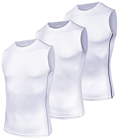 AMZSPORT Men's 3 Pack Compression Tank Top Sleeveless Functional Shirts Baselayer Undershirt White XL