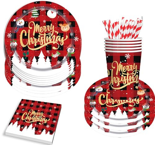 48 Pcs Disposable Dinnerware Set, 12 Guests - 9 Inch Plates, Cups, Napkins, Straws - Red Pattern with Snowflakes - Party Tableware for Christmas