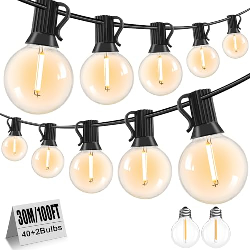 LED Lichterkette Außen - 30M / 100FT Lichterkette Außen Wetterfest mit 42 Warmweiße G40 Glühbirnen, Wasserdicht Outdoor Lichterketten für Garten Terrasse Balkon Hochzeiten Partys