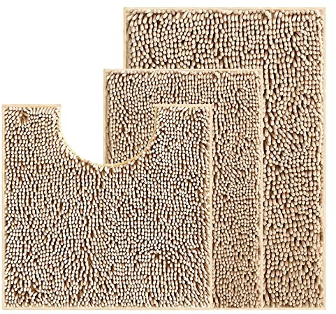 wyewye Chenille Badezimmer Set 3 Stück, Badteppich rutschfest Waschbar, Bequem und Weich Badvorleger Badezimmerteppich für Duschen, Badewannen, Toiletten, Kamel Farbe