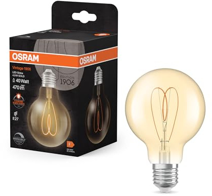 OSRAM Vintage 1906 Globe ist eine warmweiße, dimmbare LED-Lampe in klassischer Ballform mit Filament. Sie bietet 4.9 W für 470 lm, E27 Fassung, goldfarbenes Glas, 80 mm Durchmesser, 2200 K, EEK F.