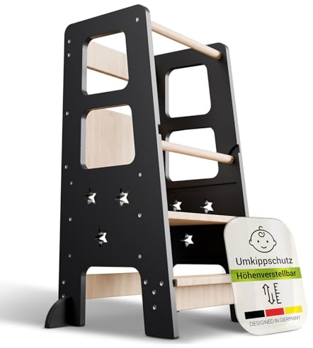 Juskys torre didattica Henny - per bambini da 1 anno, torre Montessoriana, tripla regolazione in altezza, sistema antiribaltamento, sgabello da cucina - nero