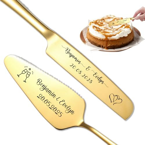 FKF Ensemble Couteaux et de Serveurs à Gâteau Mariage Personnalisés, Ensemble Sculpture et de Découpe de Gâteau Personnalisé, Cadeau Personnalisé pour Anniversaire, Saint-Valentin ou Noël (Or)