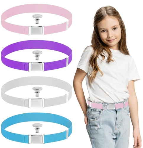 4 Pezzi Cinture Elastiche Bambini con 4 bottoni Vita Rimovibili, Regolabile Fibbia Magnetica Quadrata, Cintura Elastica semplice,Cntura Regolabile,per jeans, abiti