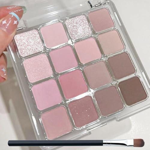 16-Color Matte & Glitter Eyeshadow Palette – Pink & Brown Smokey Tones – Long Lasting Blendable Pressed Powder Waterproof Eye Shadow Makeup Gift for Women(01)