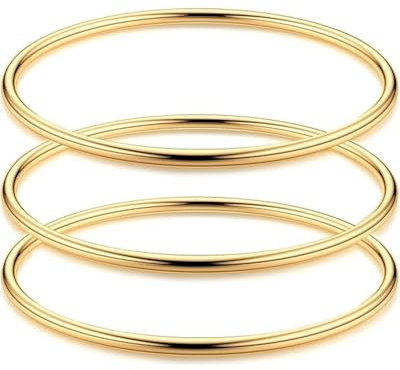 MYGLOAR Paquet de 3 bracelets ronds ultra-fins pour femmes en or - Bracelets empilables plaqués or 18 carats en acier inoxydable, hypoallergéniques et doux pour la peau (65 * 3MM)