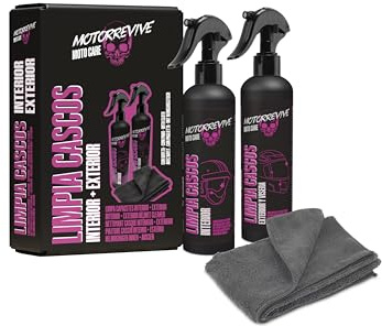 Motorrevive Pack Limpieza de Cascos de Moto 200 + 200 ml. Spray Limpiador Interior + Exterior y Visera + Bayeta de Microfibra. Higiene Completa y Cuidado Profesional para Casco de Motocicleta