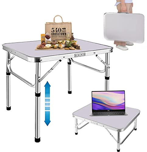 Table Pliante 60x45cm, Table Basse et Haute Réglable 26/56cm, Bureau Nomade Aluminium Blanc, Table d'Appoint Lit et Canapé, Mobilier Camping Léger avec Poignée, Idéal pour Ordinateur et Pique-Nique