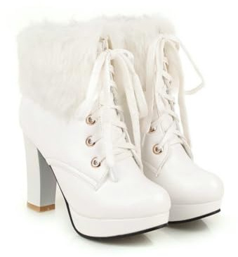 Stivaletti Con Plateau Foderati Da Donna, Stivaletti in Pelle PU Con Tacco A Blocco Lacci E Collo in Pelliccia Scarpe Alla Moda Autunno Inverno Per L'uso Quotidiano E All'aperto,Bianca,35 EU