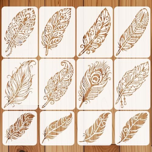 beinkmake 12 Stück Feder Schablone Zum Malen Wiederverwendbare PET Malvorlagen Set Mandala Zeichenvorlagen Für Holzmöbel Leinwand Papier Stoff