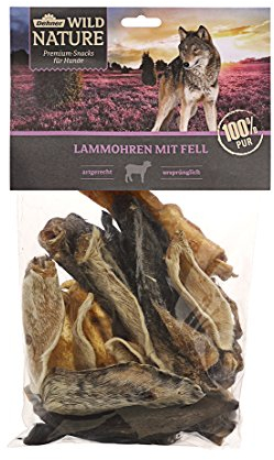 Dehner Wild Nature Hundesnack, Premium Hundeleckerli glutenfrei / getreidefrei, Kausnack für ernährungssensible Hunde, Lammohren mit Fell, 200 g