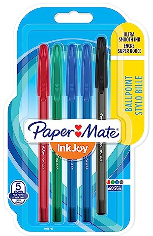Paper Mate InkJoy10pk0ST stylos bille avec bouchon | pointe fine (0,7 mm) | assortiment de couleurs classiques | lot de 5