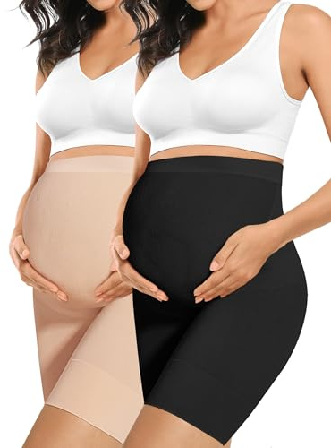 Peauty Pregnancy Belly Support Band Underwear for Pregnant Women Maternity Shapewear for Baby Shower Dress Plus Size Summer Maternity Clothes Under Shorts(Black+Nude XL)