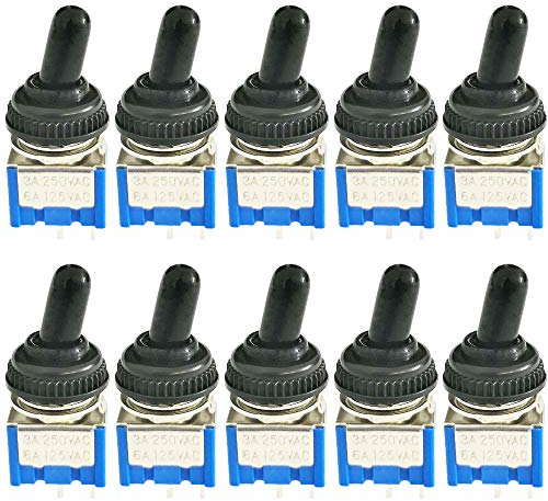CESFONJER 10 Piezas Mini Interruptor de Palanca, AC 125V/6A, 250V / 3A NO/Off 2 Pines 2 Posiciones SPDT Interruptor Rocker Switch de (Azul)+ 10 Piezas tapa impermeable