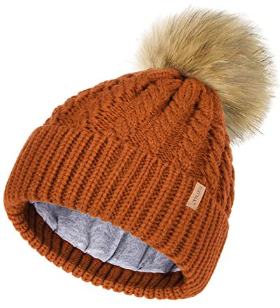 FURTALK Beanie Hat for Women Men Cable Knitted Bobble Winter Hats Warm Double Layer Fleece Lining Pom Pom Wooly Cap