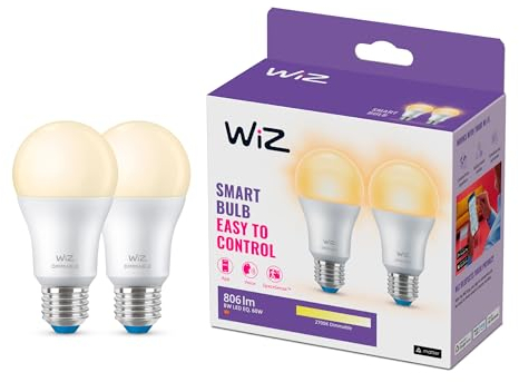 WiZ Warm White LED Lampen E27 2er Pack (806 lm), 60 W Lampen mit warmweißem dimmbarem Licht, smarte Lichtsteuerung über WLAN per Stimme/App