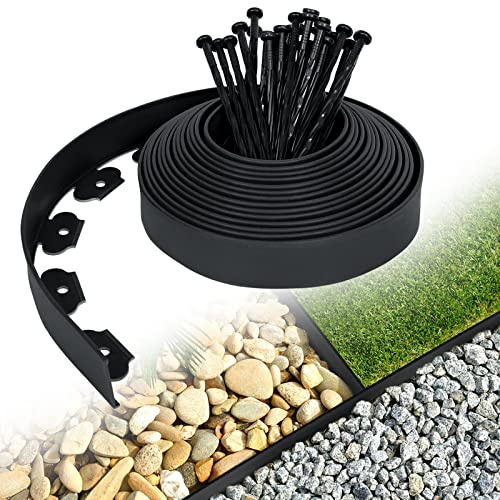Aufun Flexible Rasenkante aus Kunststoff 10mx5cm mit 30 Erdanker zur Verankerung, Beetumrandung Wurzelsperre System, Pflastersteine Mähkante Garten dekorativ(10M, Schwarz)