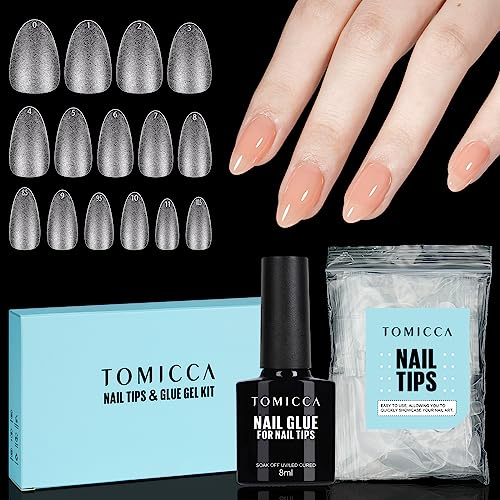 TOMICCA Short Almond Nail Extension Kit - 150Pcs Acrylic Tips with 4-in-1 Base Gel & Glue | Beginner Friendly DIY Salon Set, Gift-Ready for Women/Girls
