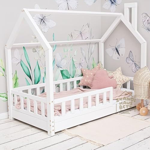 Hausbett 80x180 Mit Rausfallschutz Weiß - Bell Nuo - Kinderbett mit Lattenrost - Stabiles Rausfallschutz Bett für Kinderzimmer - Gemütlich Kinderbett Mädchen