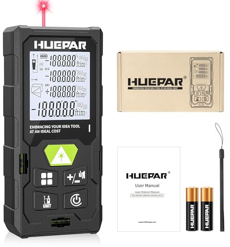 Telemetro laser, dispositivo di misurazione laser Huepar 120M Telemetro con laser, LCD retroilluminato, misurazione di distanza, area e volume e modalità pitagorica (ft/m/in)