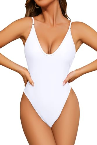SHEKINI Traje de baño sexy con cuello en V para mujer, corte alto, traje de baño de una pieza para mujer, Blanco-B., M