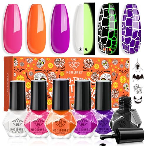 Modelones Thanksgiving Nail Polish Set 6 Colors with Spooky Stickers, Crackle Black Purple Orange Nail Varnish Pink Glow in the Dark White Quick Dry Nail Art Kit for Women Halloween