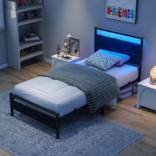BORPHOM Cadre de Lit en Bois et Métal 90 x 200 cm - Avec Station de Charge, LED, Tête de Lit et Sommier à Lattes - Lit Fonctionnel et d'Invité
