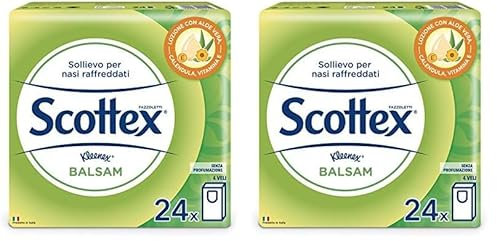Scottex Balsam Fazzoletti di Carta Morbidi e Delicati, Con Aloe Vera, Calendula e Vitamina E, Dermatologicamente Testati, 48 Pacchetti (2 x 24)