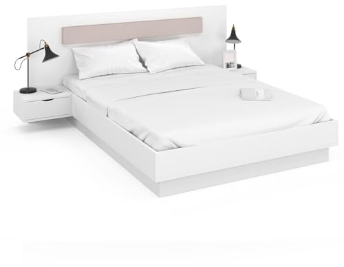 IDMarket - Cama doble Santa con cabecera + mesitas de noche integradas y somier de 140 x 190 cm, color blanco