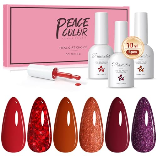 PEACECOLOR UV Nagellack 6 * 10ml Rot Glitzer Gel Nagellack Soak Off Nail Polish French Manicure UV Nägel Gellack für Anfänger Nail Art