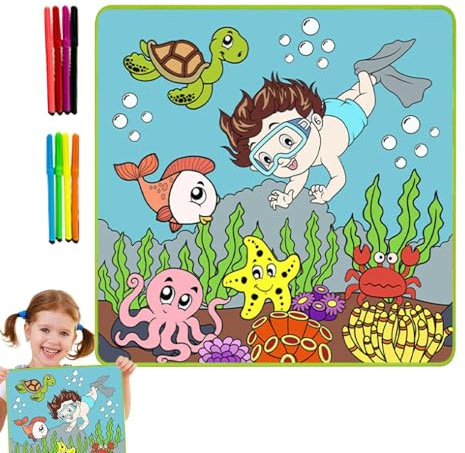 Rotolo di carta da colorare, tappetino per pittura ad acqua, riutilizzabile, grande tappetino da disegno con 8 penne colorate, attività artistiche per bambini, giocattolo per pittura a casa e scuola