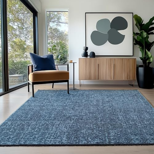 HomebyHome Tapis en Coton Chenille Bleu 160x230 cm Lavable, Style Boho, Vintage Kelim, Poils Courts, Antidérapant et Doux, Mélange Monochrome, pour Salon, Chambre, Bureau & Cuisine