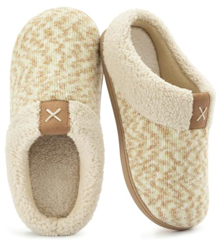 ULTRAIDEAS Ladies' Cozy Memory Foam Slippers Fuzzy Wool-Like Plush Fleece Lined House Shoes w/Indoor, Outdoor Anti-Skid Rubber Sole(Beige,9-10 UK)