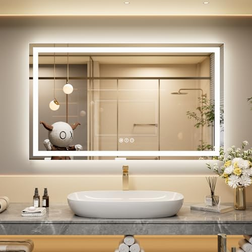 Snowdool Miroir de Salle de Bain LED, 60x100 cm Miroir Cosmétique avec éclairage, Mural éclairé, Interrupteur Tactile, Intensité Variable, 3 Couleurs De Lumière, Antibuée, Étanche IP44