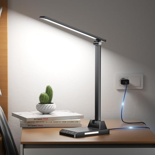 Ylatoial Lampada da Scrivania, Lampada da Tavolo, 5 Modalità di Luce x 10 Livelli di Luminosità, USB Lampada Scrivania, Timer 30/60min Lampada Led da Tavolo, Nero