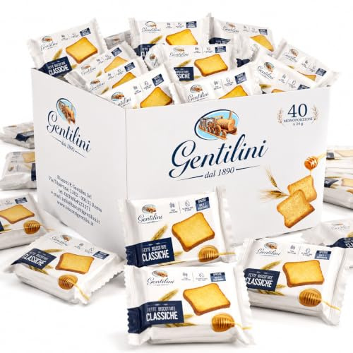 Gentilini Fette Biscottate Classiche, Croccanti e Profumate, Scatola con 40 Monoporzioni da 24 g, Ideali per Colazione, Hotel, B&B, Ufficio e Catering