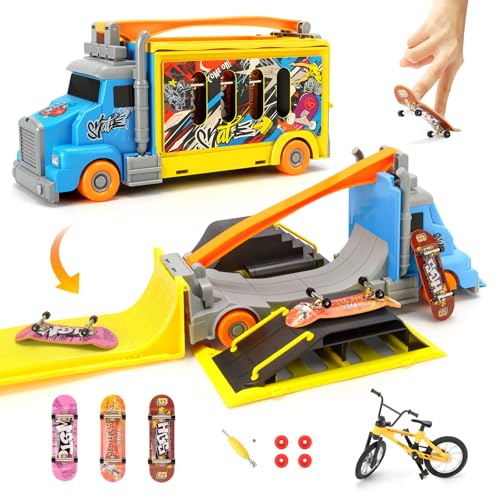 Aolieh Finger Skateboard Ramp Set, 2 in 1 Transforming Truck Fingerboard Skatepark Toy with 3 Mini Finger Skateboards and Finger Bike, Portable Foldable Skate Ramp Playset for Kids Ages 3+