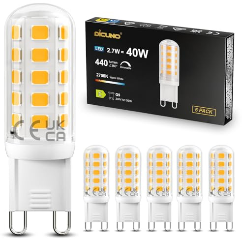 DiCUNO Lampadina LED G9 Dimmerabile 2.7W, Equivalente a 40W Alogena, Bianco Caldo 2700K, 440 Lumen, Base in Ceramica, 230V, Attacco G9 LED per Soggiorno Cucina Camera, 6 Pezzi