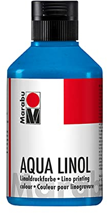 Marabu 15100013052 - Linoldruckfarbe auf Wasserbasis, wischfest, Mittelblau, 250 ml, für alle Hochdrucktechniken in der Schule, Freizeit und Grafik