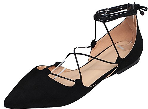 Jamron Dam mjuk fuskmocka platt spetsig tå pumps fina kors snörning ballerinaskor, Svart, 35.5 EU