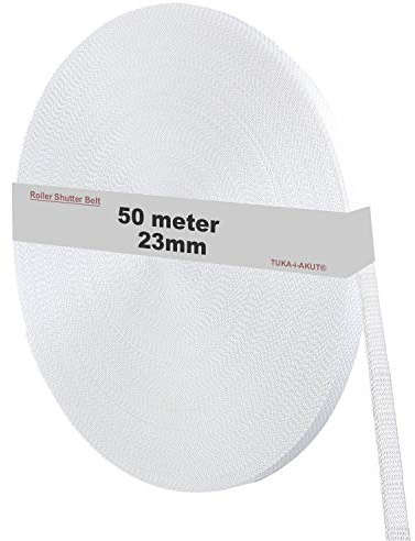 TUKA-i-AKUT 50 m rullgardinsbälte, 23 mm x 50 m rulle stabilt band för rulljalusier, speciellt förstärkta vävkanter, hög slitstyrka skrubbmotstånd, UV-beständighet, vit, TKB5200 vit