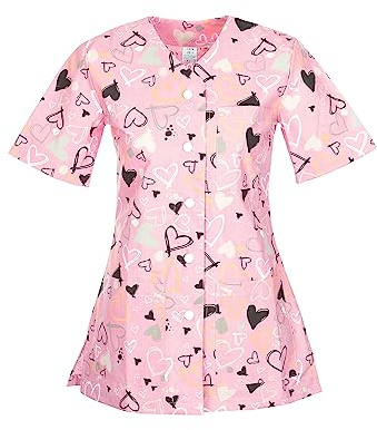DINOZAVR Carla Uniforme Medica - Medico Casacca da Donna con Bottoni a Pressione - Rosa/Cuori 2XL