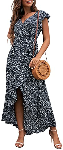 GRECERELLE Womens Summer Maxi Dress Boho Floral Cocktail Polka Dot Wrap Dresses V Neck Casual Party Bohemian Flowy Long Dress for Ladies (Jasmine & Navy Blue, L)