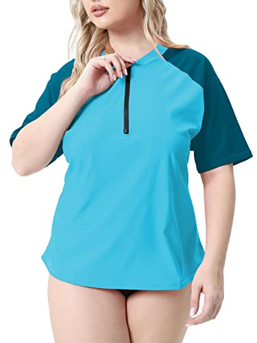 Halcurt Damen Kurzarm-Rashguard-Oberteil in Übergröße mit UPF 50+ Reißverschluss-Badeshirt, Bleu clair/bleu paon, 3XL grande taille