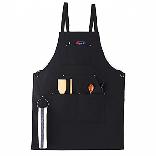 Black Cotton Aprons for Men & Women - 4 Pocket, Adjustable Strap Chef Apron for Cooking, Baking, BBQ, Cafe, Gardening