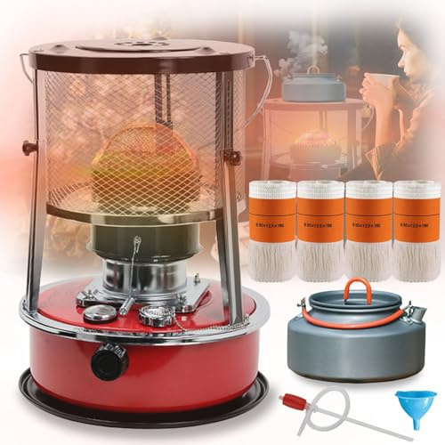 Kerosene Heater Indoor 4.5L(Lasts 18 h) Paraffin Heater Indoor, 9000 BTU/H Paraffin Heaters for Home, Camping Heaters with Kettle and 4x Wick, Kerosene Stove for Patio, Tent, Fishing