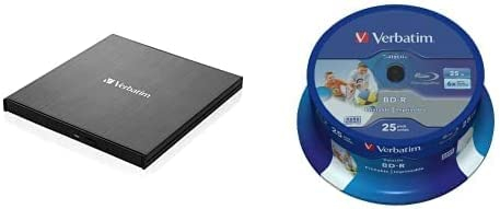 Verbatim Externer Slimline Bluray Writer mit USB-C Anschluss, externer DVD und Bluray Brenner, Bluray Player & DVD Drive, inkl. 25er Spindel Datalife Blu-ray 25GB