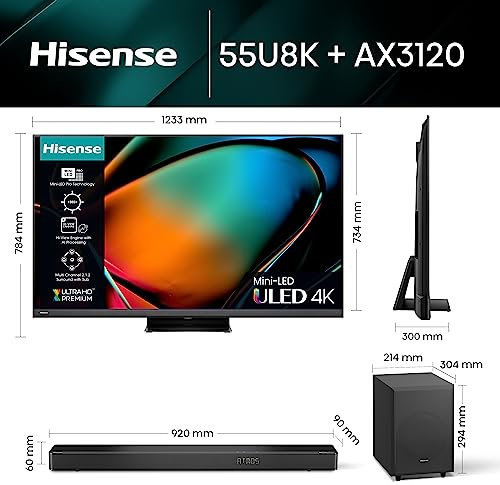 Hisense 4K Mini-LED TV U8K and AX3120G with 3.1.2 Surround Sound and Dolby Atmos&DTS Virtual X