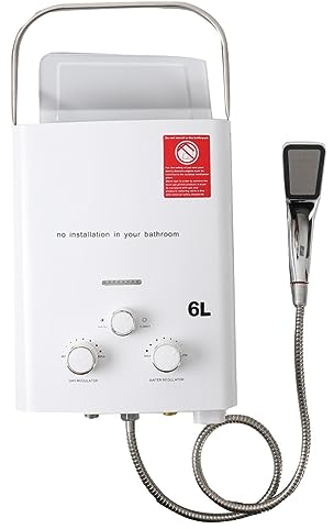 CDZHLTG Calentador de Agua Propano Instantáneo 6L / min, Calentador de Agua de Gas sin Tanque con Tapa de lluvia, Tankless Calentador de Gas con Mango Portátil 12Kw para Ducha de Camping